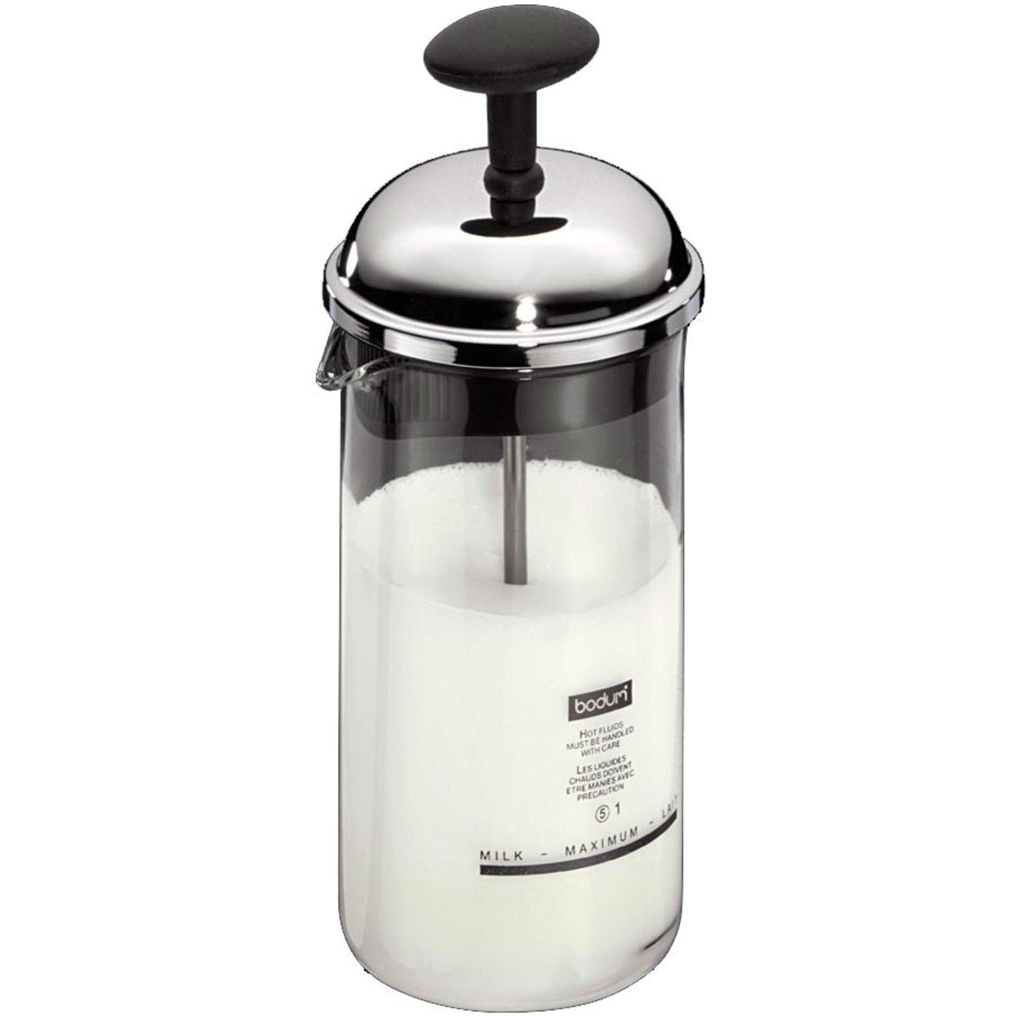 Liten Bodum Chambord manuell melkeskummer i glass og rustfritt stål